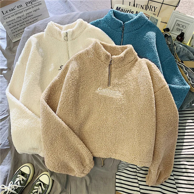 Women Stand Neck Fleece Cropped Hoodies Autumn Letter Embroidery Long Sleeve