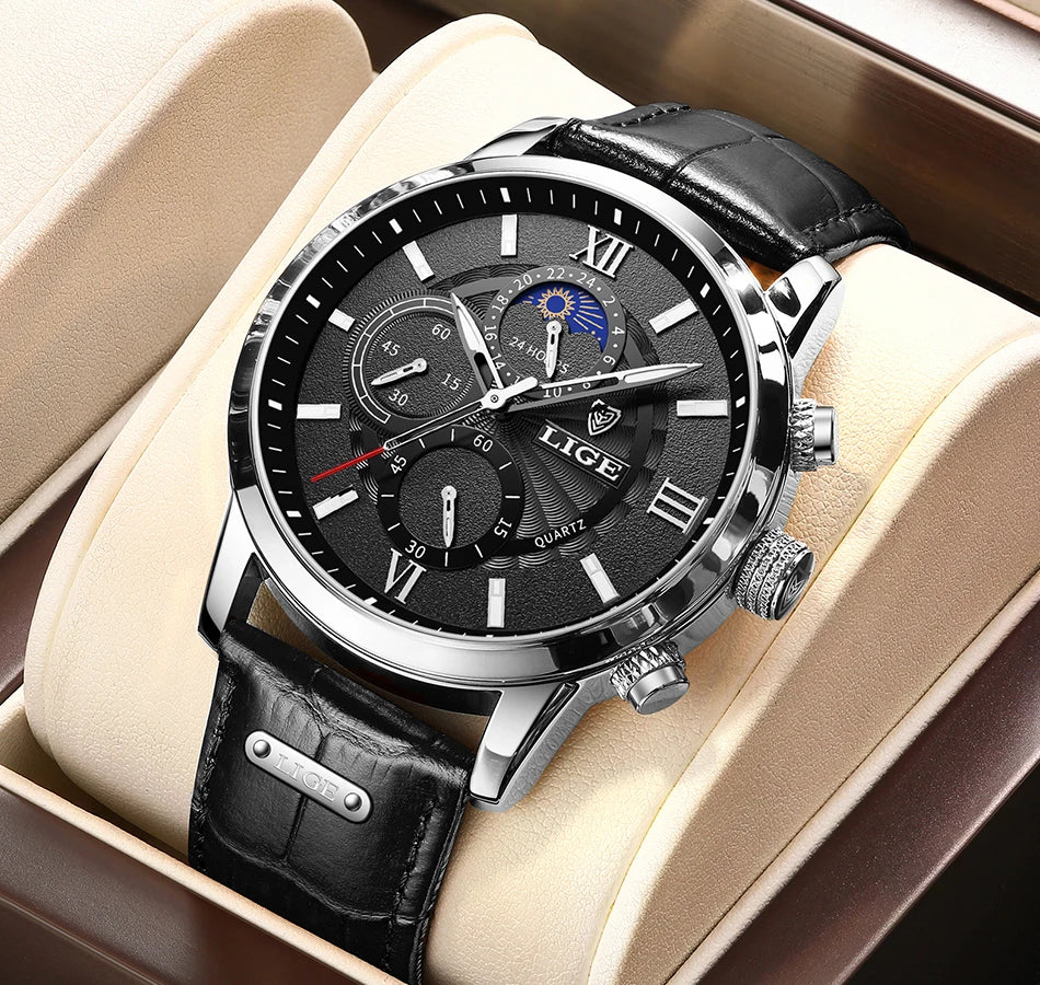 2024 New Mens Watches LIGE Top Brand Luxury Leather Casual Quartz Watch