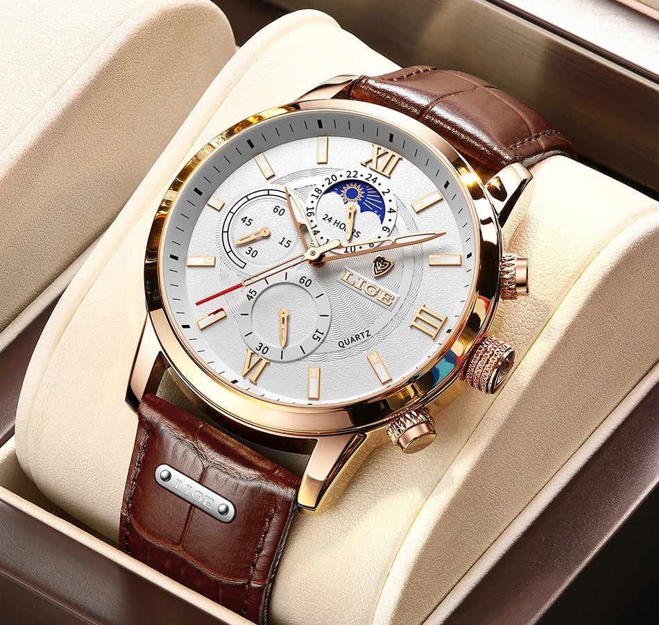 2024 New Mens Watches LIGE Top Brand Luxury Leather Casual Quartz Watch