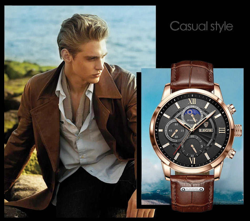 2024 New Mens Watches LIGE Top Brand Luxury Leather Casual Quartz Watch