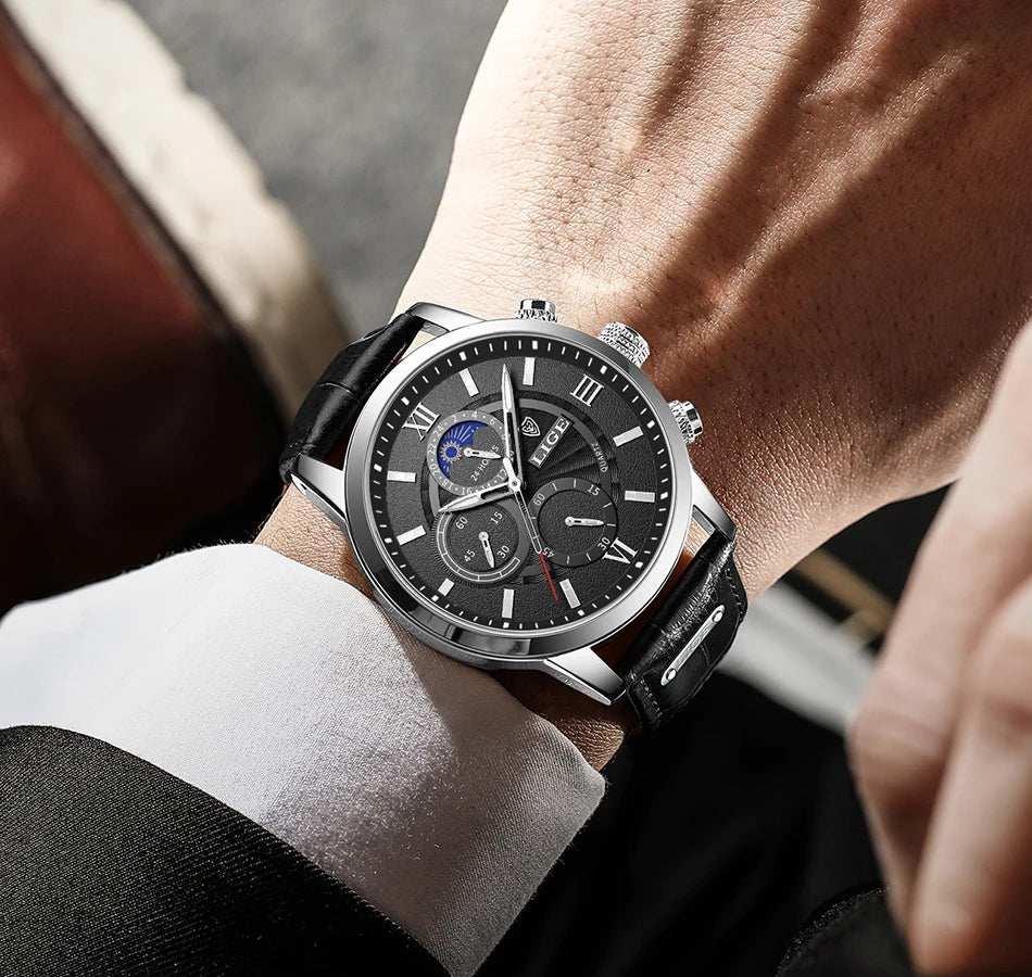 2024 New Mens Watches LIGE Top Brand Luxury Leather Casual Quartz Watch