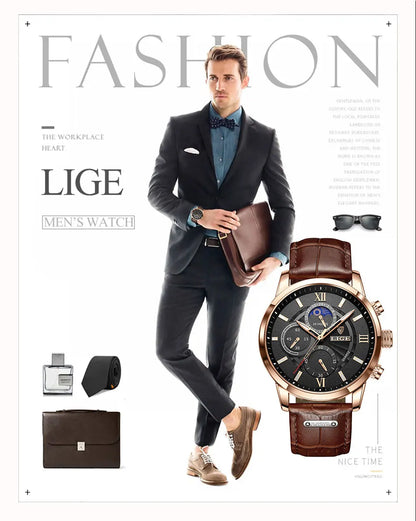 2024 New Mens Watches LIGE Top Brand Luxury Leather Casual Quartz Watch