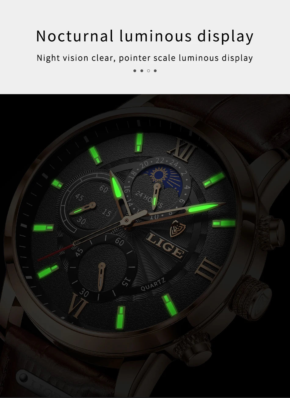 2024 New Mens Watches LIGE Top Brand Luxury Leather Casual Quartz Watch