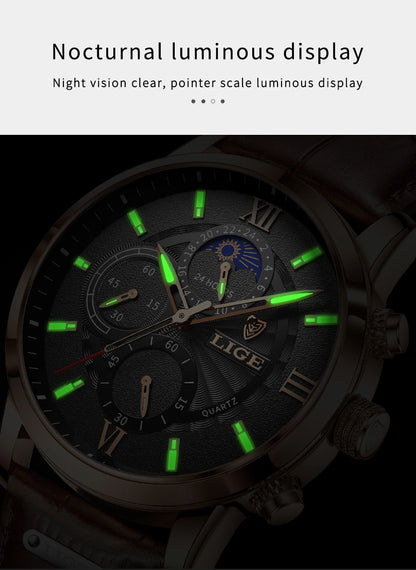 2024 New Mens Watches LIGE Top Brand Luxury Leather Casual Quartz Watch