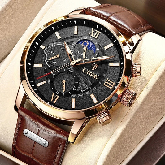2024 New Mens Watches LIGE Top Brand Luxury Leather Casual Quartz Watch