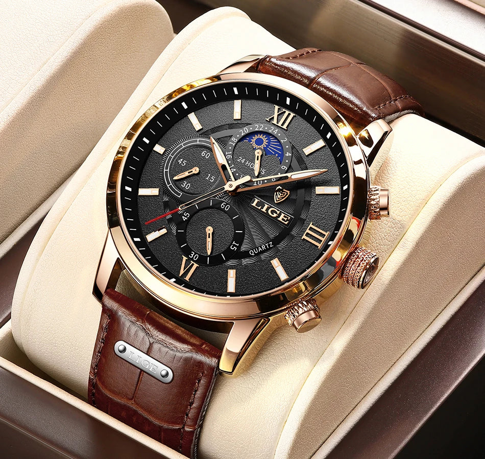 2024 New Mens Watches LIGE Top Brand Luxury Leather Casual Quartz Watch