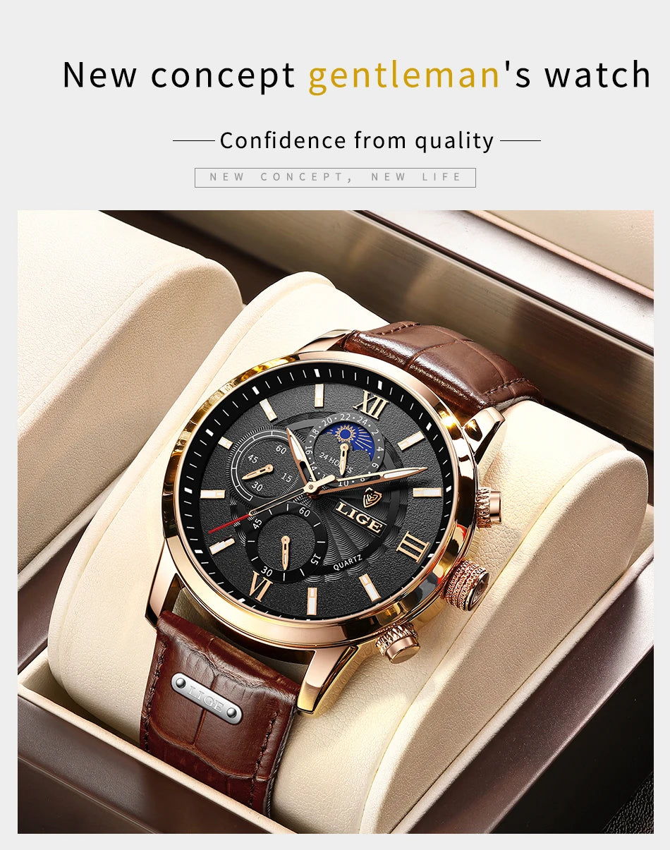 2024 New Mens Watches LIGE Top Brand Luxury Leather Casual Quartz Watch