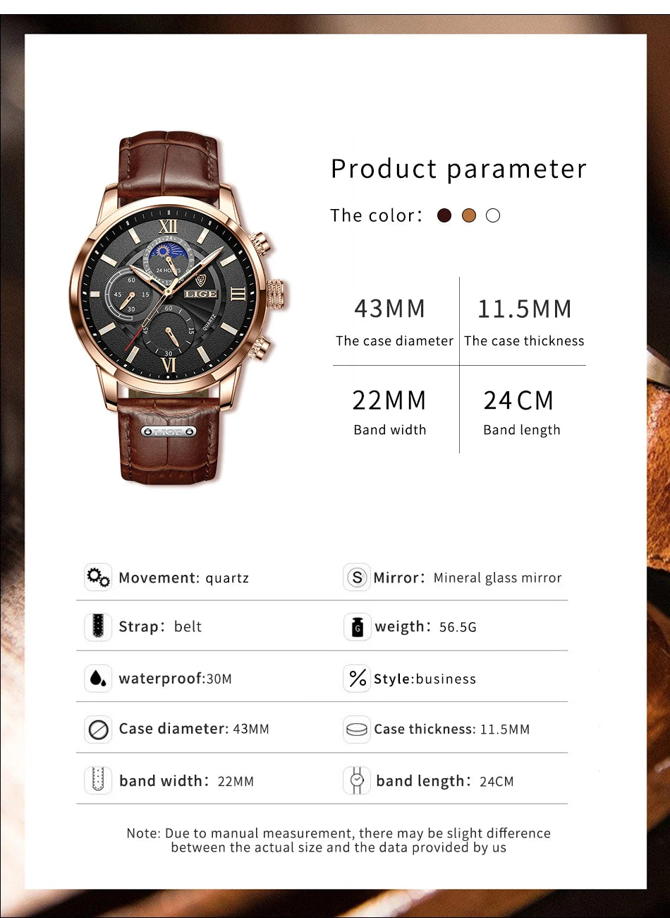 2024 New Mens Watches LIGE Top Brand Luxury Leather Casual Quartz Watch