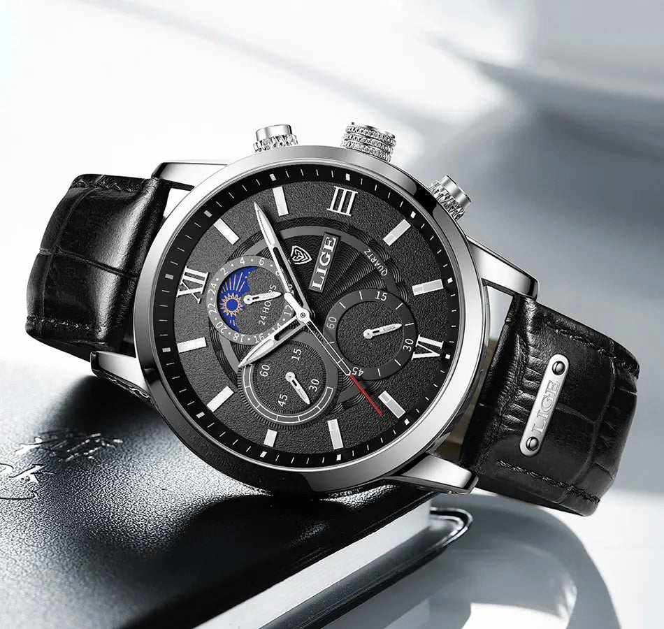 2024 New Mens Watches LIGE Top Brand Luxury Leather Casual Quartz Watch