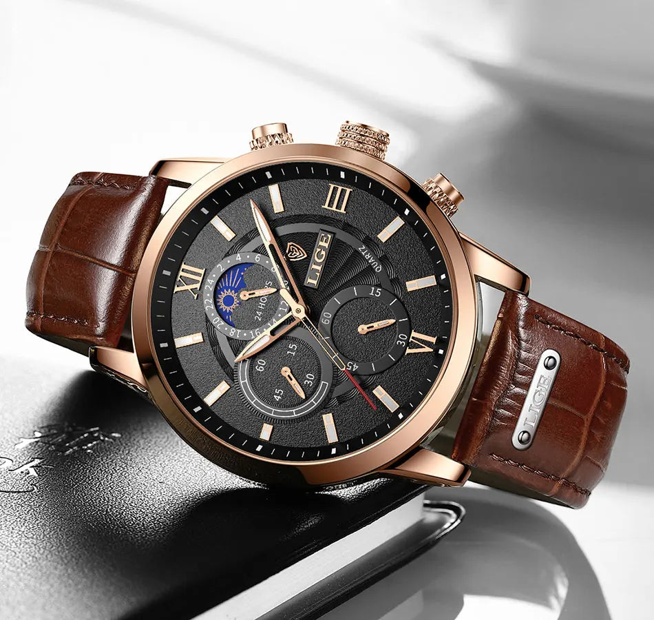 2024 New Mens Watches LIGE Top Brand Luxury Leather Casual Quartz Watch
