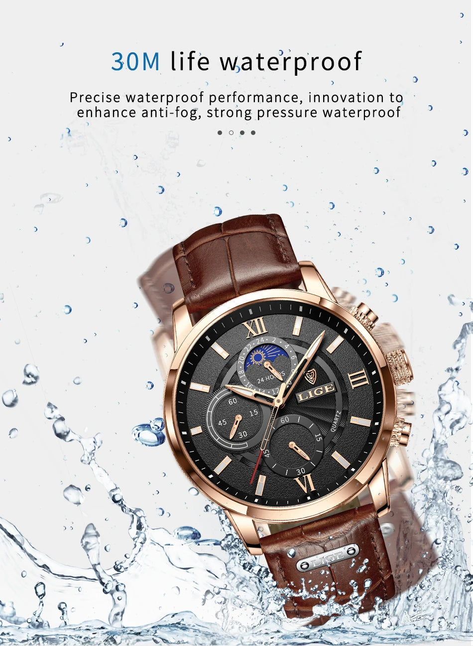 2024 New Mens Watches LIGE Top Brand Luxury Leather Casual Quartz Watch