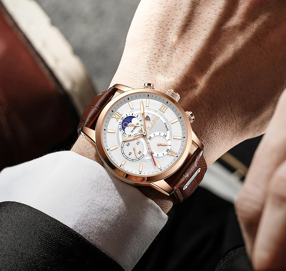2024 New Mens Watches LIGE Top Brand Luxury Leather Casual Quartz Watch