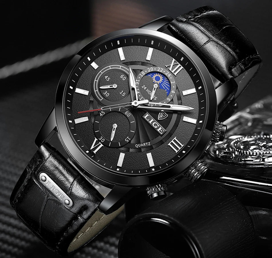 2024 New Mens Watches LIGE Top Brand Luxury Leather Casual Quartz Watch