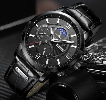 2024 New Mens Watches LIGE Top Brand Luxury Leather Casual Quartz Watch