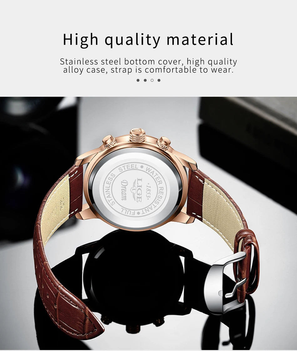 2024 New Mens Watches LIGE Top Brand Luxury Leather Casual Quartz Watch