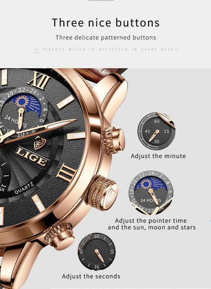 2024 New Mens Watches LIGE Top Brand Luxury Leather Casual Quartz Watch