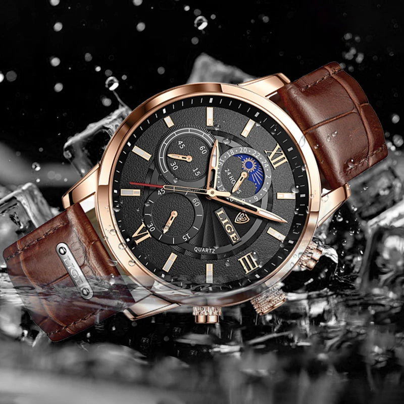 2024 New Mens Watches LIGE Top Brand Luxury Leather Casual Quartz Watch