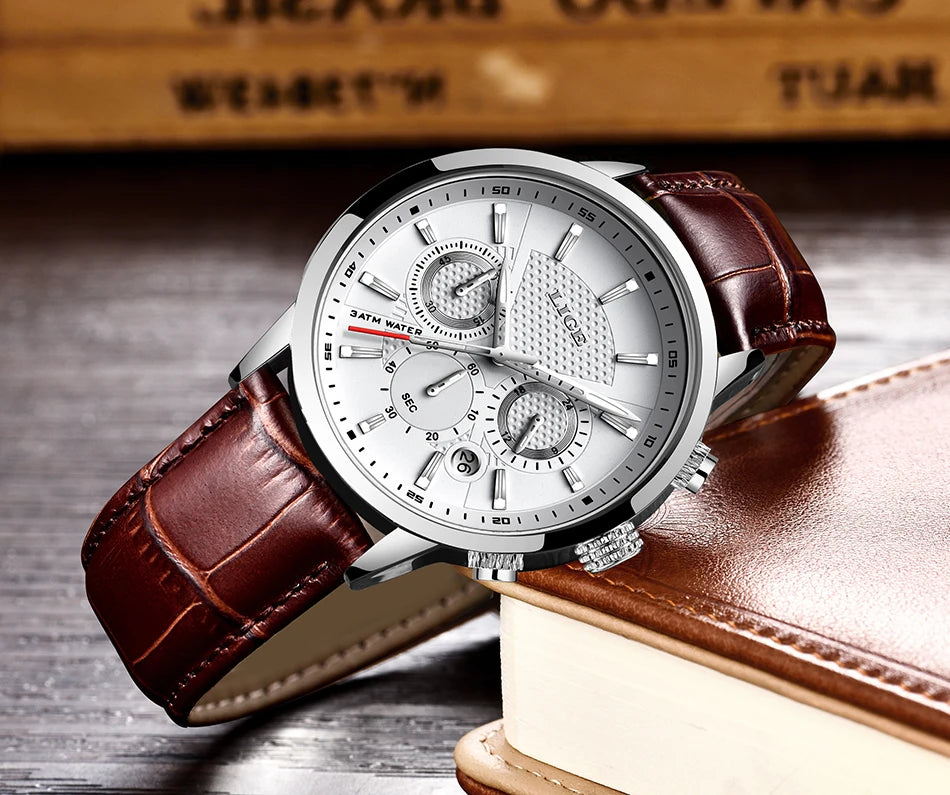 2024 New Mens Watches LIGE Top Brand Luxury Leather Casual Quartz Watch