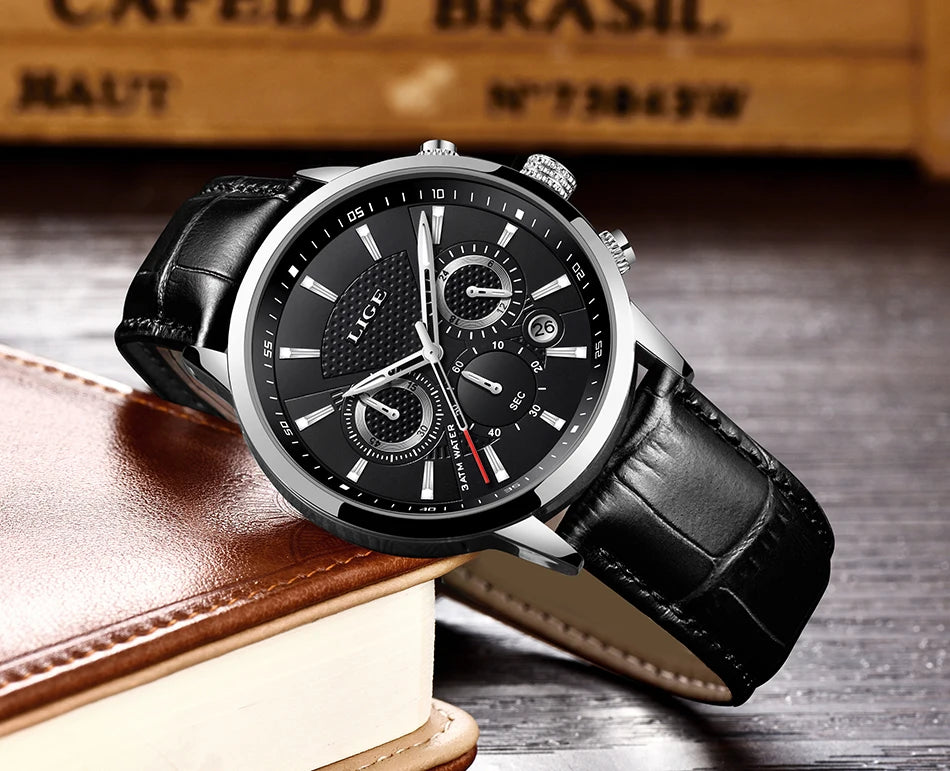 2024 New Mens Watches LIGE Top Brand Luxury Leather Casual Quartz Watch