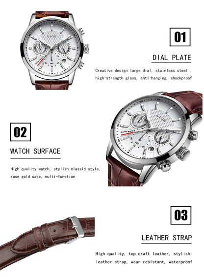 2024 New Mens Watches LIGE Top Brand Luxury Leather Casual Quartz Watch