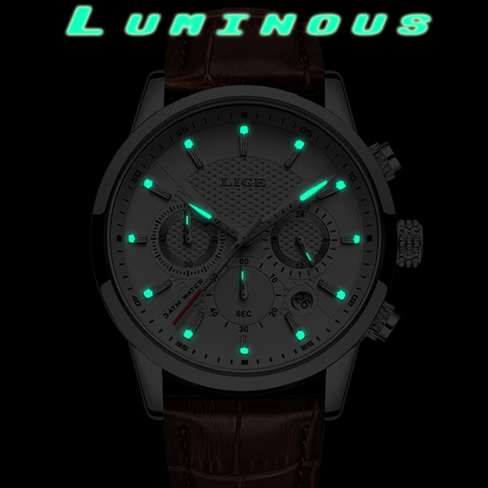 2024 New Mens Watches LIGE Top Brand Luxury Leather Casual Quartz Watch