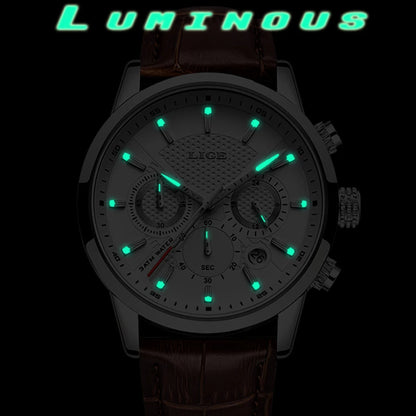 2024 New Mens Watches LIGE Top Brand Luxury Leather Casual Quartz Watch