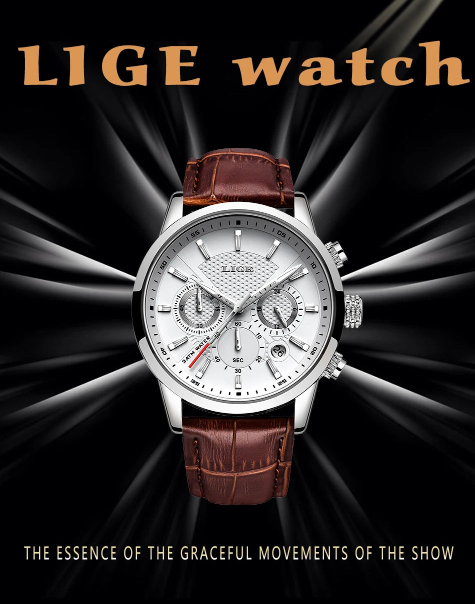 2024 New Mens Watches LIGE Top Brand Luxury Leather Casual Quartz Watch
