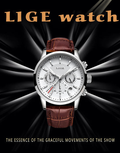 2024 New Mens Watches LIGE Top Brand Luxury Leather Casual Quartz Watch