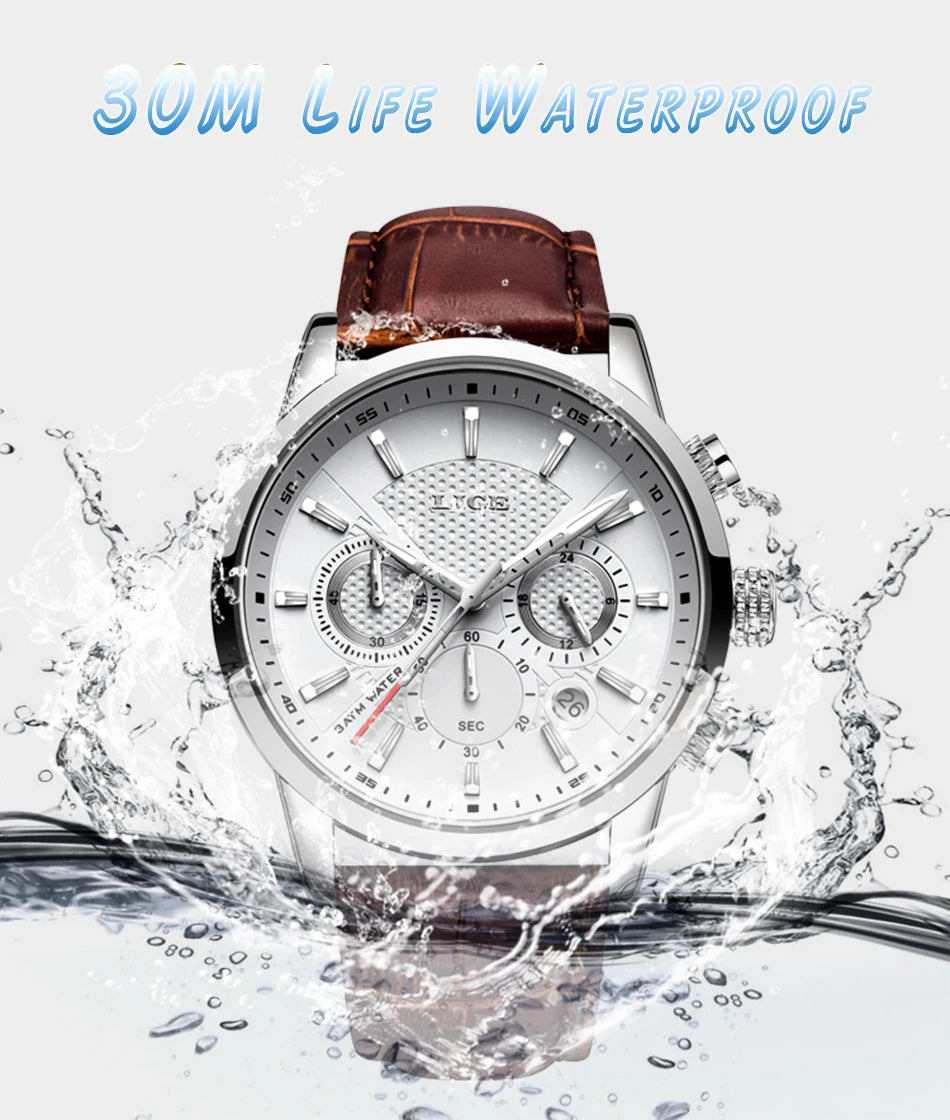 2024 New Mens Watches LIGE Top Brand Luxury Leather Casual Quartz Watch