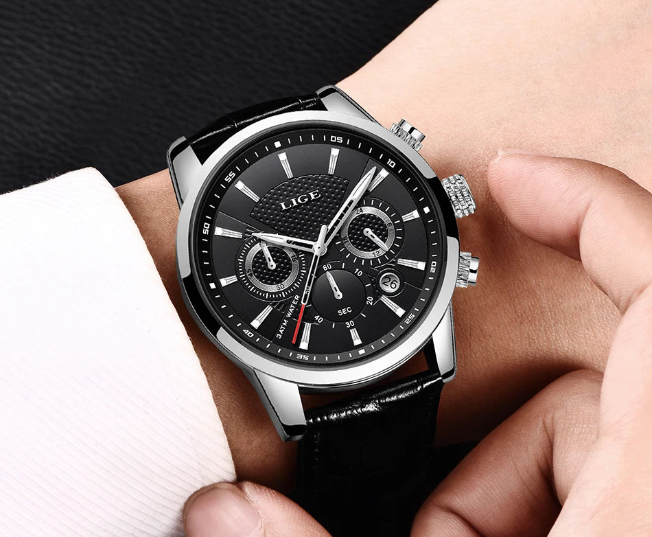 2024 New Mens Watches LIGE Top Brand Luxury Leather Casual Quartz Watch