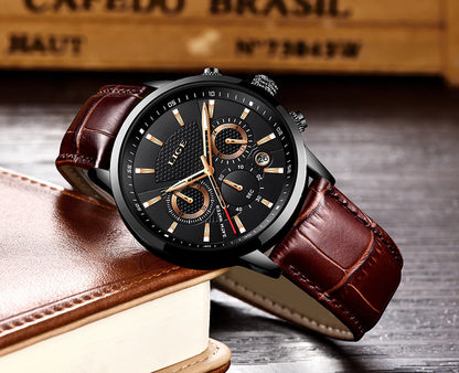 2024 New Mens Watches LIGE Top Brand Luxury Leather Casual Quartz Watch