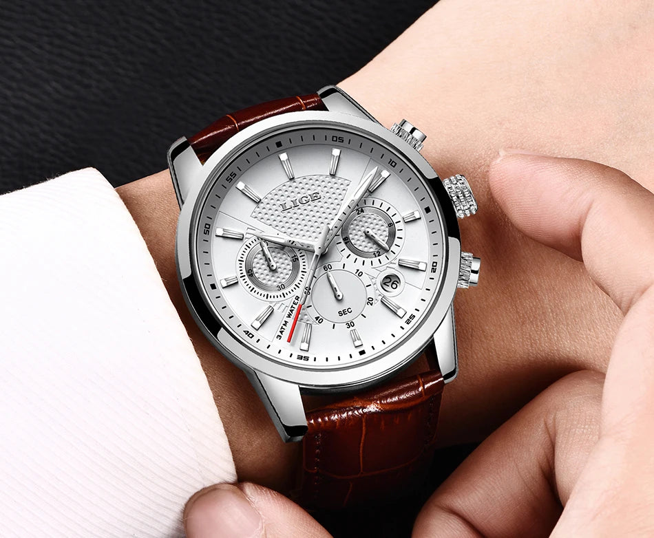 2024 New Mens Watches LIGE Top Brand Luxury Leather Casual Quartz Watch