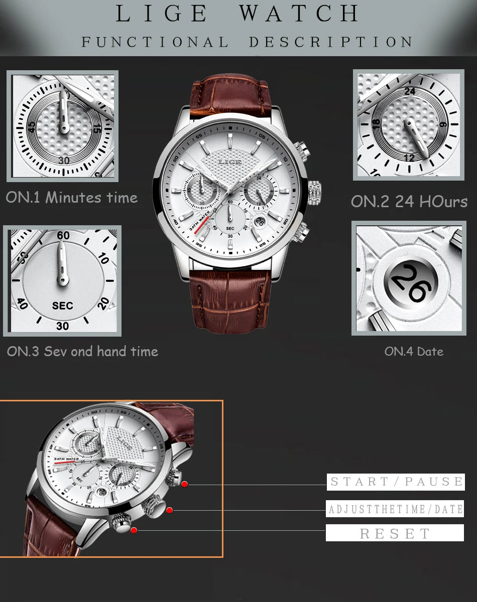 2024 New Mens Watches LIGE Top Brand Luxury Leather Casual Quartz Watch