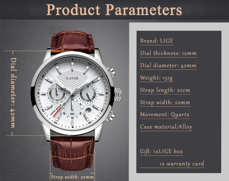 2024 New Mens Watches LIGE Top Brand Luxury Leather Casual Quartz Watch