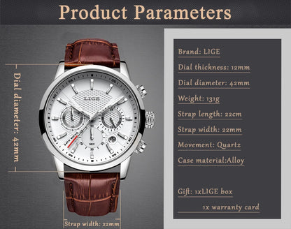 2024 New Mens Watches LIGE Top Brand Luxury Leather Casual Quartz Watch