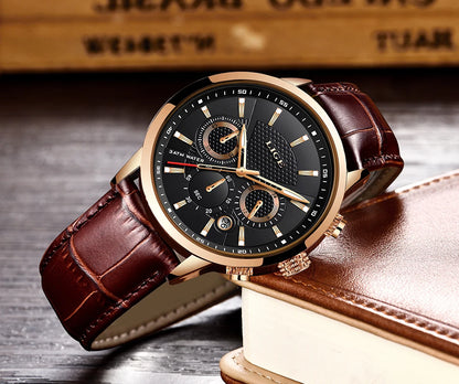 2024 New Mens Watches LIGE Top Brand Luxury Leather Casual Quartz Watch