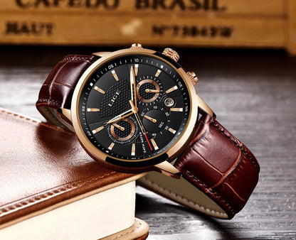 2024 New Mens Watches LIGE Top Brand Luxury Leather Casual Quartz Watch