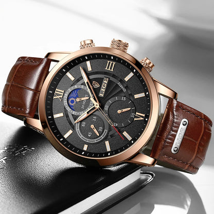 2024 New Mens Watches LIGE Top Brand Luxury Leather Casual Quartz Watch