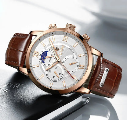 2024 New Mens Watches LIGE Top Brand Luxury Leather Casual Quartz Watch