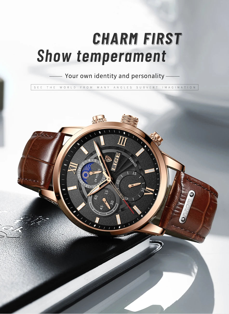 2024 New Mens Watches LIGE Top Brand Luxury Leather Casual Quartz Watch