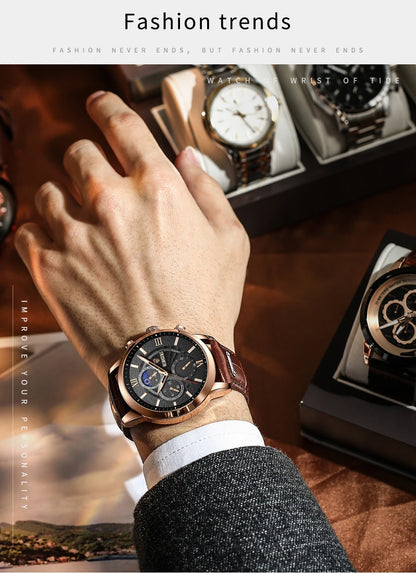 2024 New Mens Watches LIGE Top Brand Luxury Leather Casual Quartz Watch