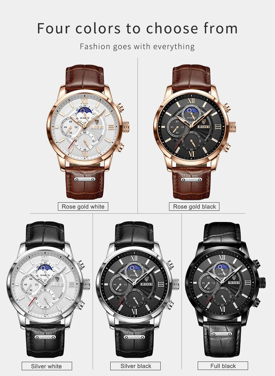 2024 New Mens Watches LIGE Top Brand Luxury Leather Casual Quartz Watch
