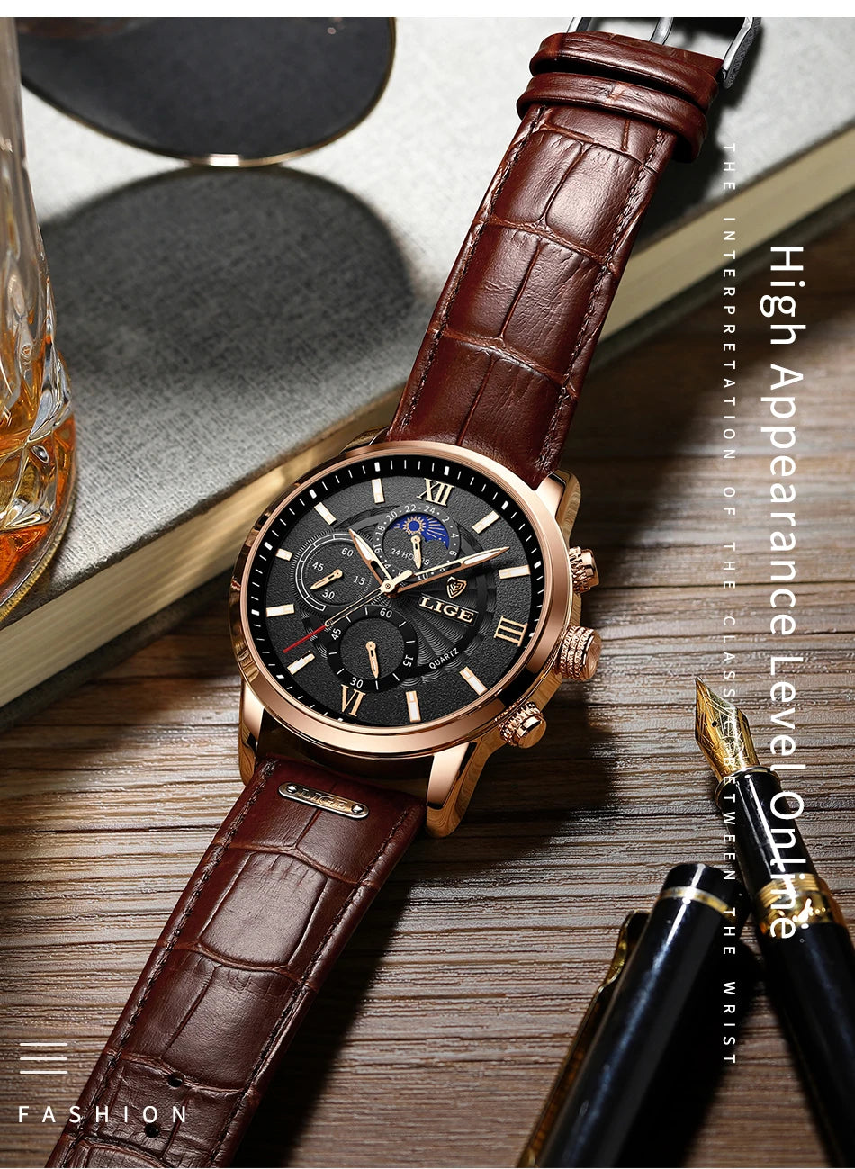 2024 New Mens Watches LIGE Top Brand Luxury Leather Casual Quartz Watch