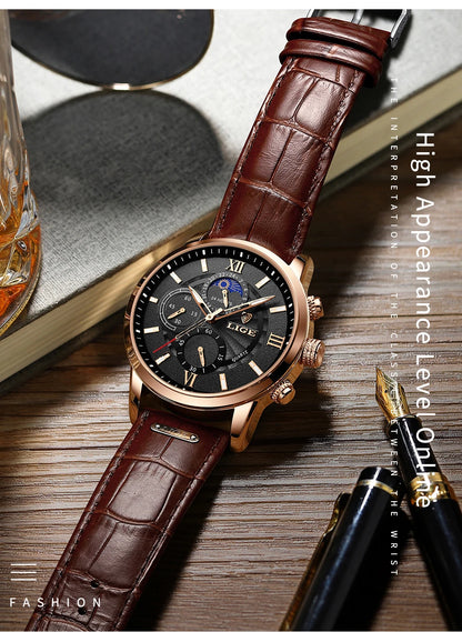 2024 New Mens Watches LIGE Top Brand Luxury Leather Casual Quartz Watch