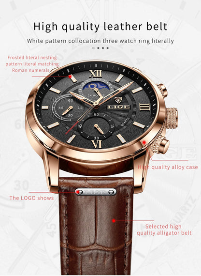 2024 New Mens Watches LIGE Top Brand Luxury Leather Casual Quartz Watch