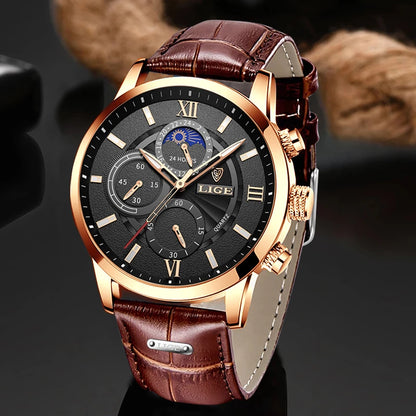2024 New Mens Watches LIGE Top Brand Luxury Leather Casual Quartz Watch