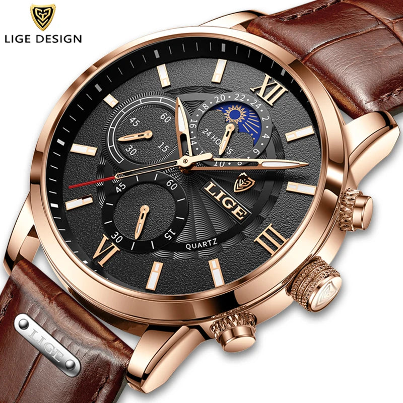 2024 New Mens Watches LIGE Top Brand Luxury Leather Casual Quartz Watch