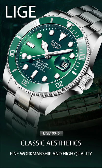 LIGE Top Brand Luxury Fashion Diver Watch Men 30ATM Waterproof Date Clock