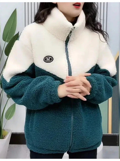 Women Jacket Colored Thickened Lamb Fleece Long Sleeve Mid Length Overcoat Warm