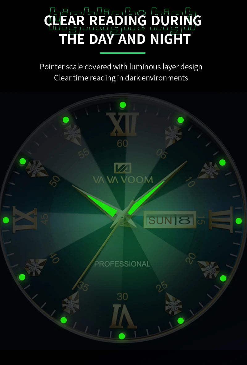 Men Watch Water Diamond Luxury Night Glow Double Calendar Quartz Movement 41mm
